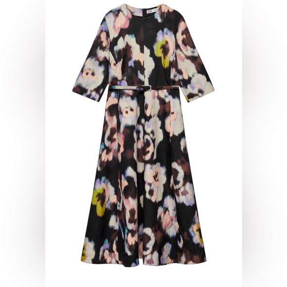 ZARA NWT Medium Abstract Floral Print Flared Hem Dress Fabric Belt MIDI Dress - Picture 2 of 15